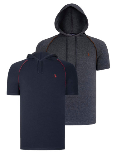 DUAL SET T8570 DEWBERRY HOODED MEN'S T-SHIRT-ANTHRACITE-NAVY BLUE