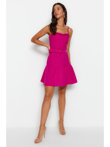 Trendyol Fuchsia колан мини тъкани Flounce оребрени подробни тъкани тъкани рокля