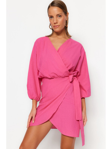 Trendyol розов мини тъкани двойно гърди 100% памук плажна рокля