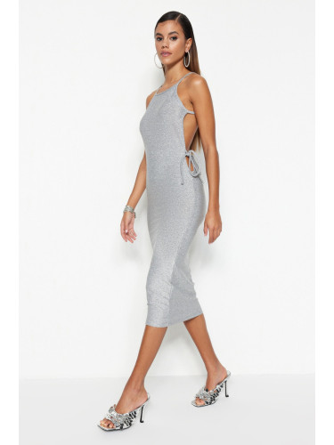 Trendyol сива вталена вечерна рокля с блестяща купчина, плетене