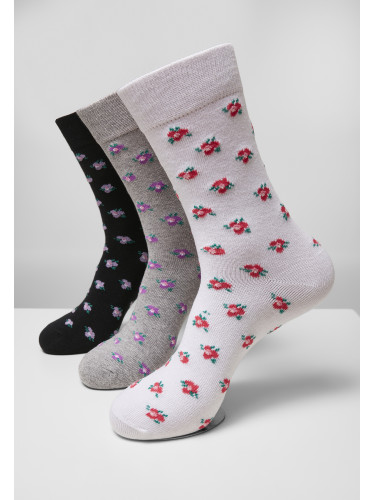 Floral Socks Made of Recycled Yarn 3-Pack Grey+Black+White