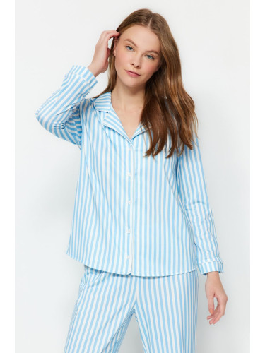 Trendyol Blue Stripe Patterned Piping and Fleece Lined Shirt-Pants Knitted Pajama Set