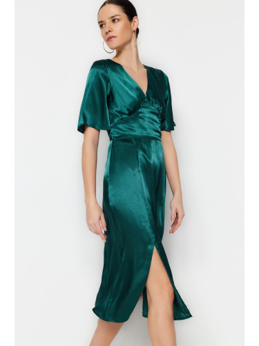 Trendyol зелен обикновен годни Midi тъкани сатен v-образно деколте цепка тъкани рокля