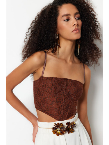 Trendyol Brown Crop Lined Corset Detailed Knitted Lace Bustier