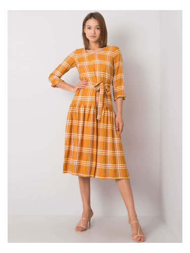 Карирана горчица рокля с яка