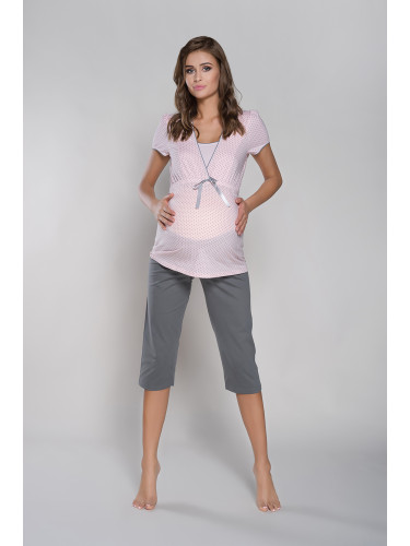 Felicita Short Sleeve Pyjamas, 3/4 Pants - Apricot/Grey