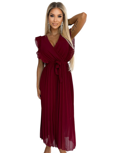 469-1 Pleated dress with frills, neckline and belt - burgundy