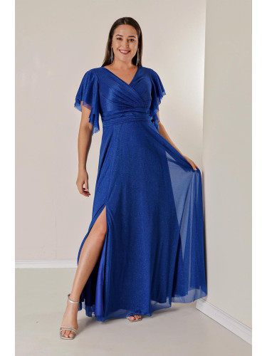 От Saygı двойна гърди врата отпред драпирани облицована плюс размер дълга сребриста рокля с волан цепка на ръкавите