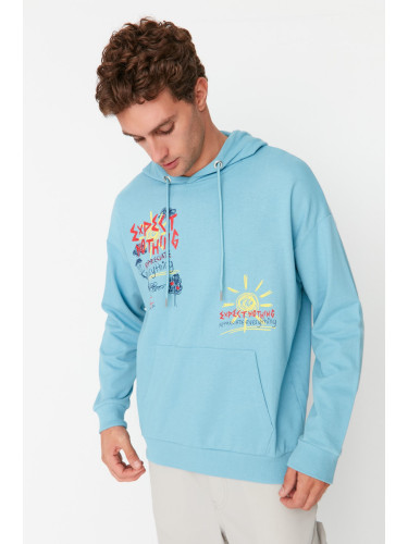 Trendyol Blue Men's Oversize/Wide-Cut Hoodie Printed Sweatshirt