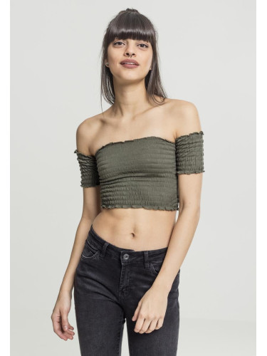 Ladies Cropped Cold Shoulder Smoke Top Olive