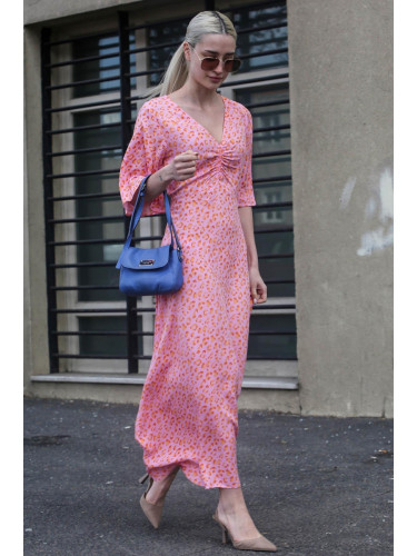Madmext Pink Patterned V-Neck Midi Dress