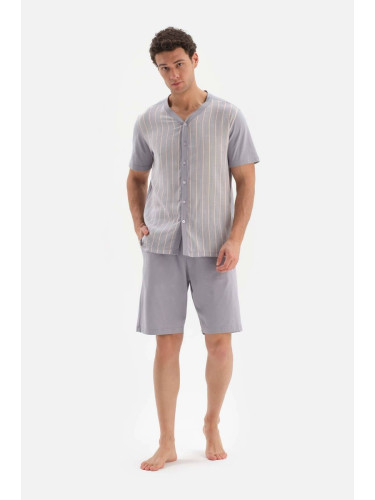 Dagi Gray Front Buttoned Striped Woven Shorts Pajama Set