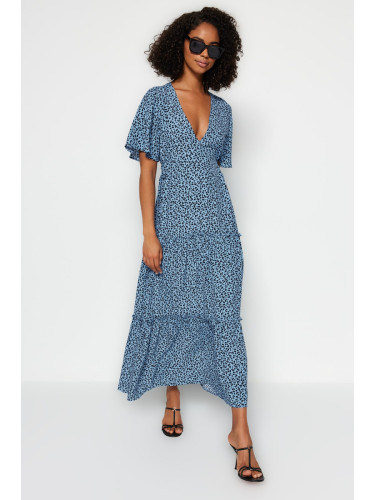 Trendyol синьо V-образно деколте отпечатани тъкани спокойна годни тъкани рокля
