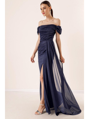 От Saygı Navy Blue подплатена дълъг ръкав блестяща рокля с плисета