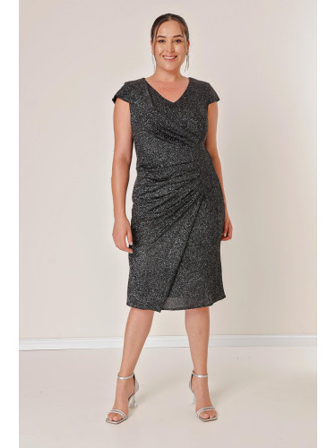 от Saygı плюс размер ликра бляскава рокля с драпиране и лунни ръкави подплатени