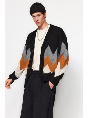 Trendyol Black Oversize Fit Wide Pattern Multicolored Cardigan