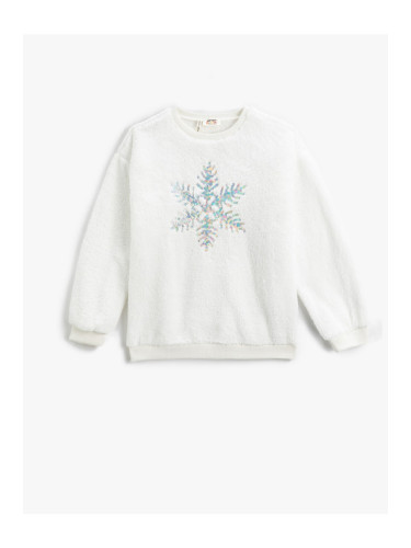 Koton Plush Sweatshirt New Year Themed Snowflake Detailed Sequin Embroidered
