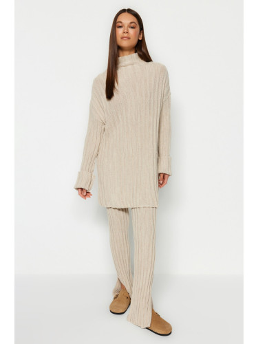 Trendyol Stone Ribbed Trousers Slit Detailed Knitwear Bottom-Top Set