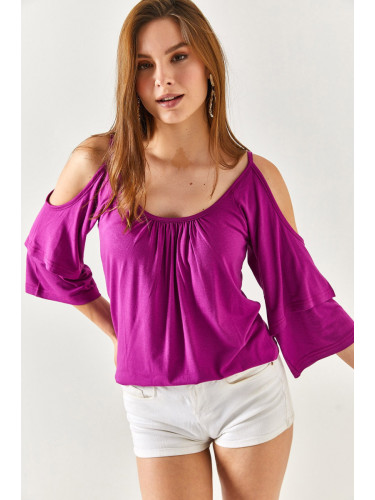 Olalook Women's Purple Ruffled Sleeves, Decollete Flowy Blouse