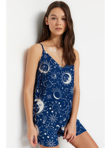 Trendyol Indigo Galaxy Patterned Viscose Woven Pajama Set with Rope Straps