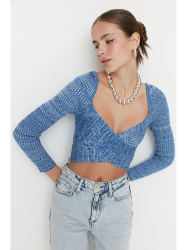 Trendyol Blue Crop Premium Yarn / Special Yarn Sweetheart Knitwear Sweater