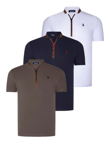 TRIPLE SET T8571 DEWBERRY ZIPPER MENS T-SHIRT-NAVY BLUE-WHITE-KHAKI