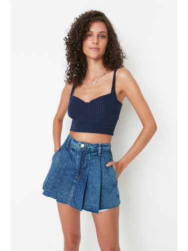 Trendyol Blue Pleated Normal Waist Denim Short Skirt