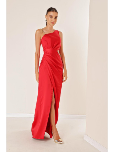 от Saygı едно рамо Decollete талията верига сатен вечерна рокля