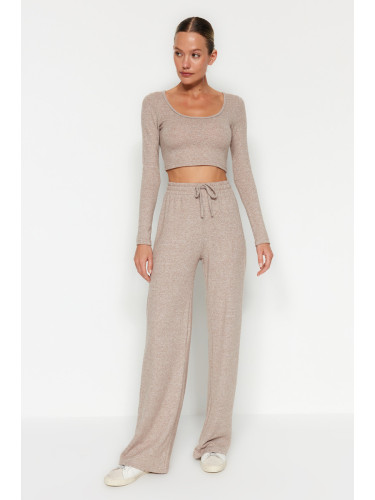 Trendyol Beige Soft Crop and Wide Leg Knitted Top and Bottom Set