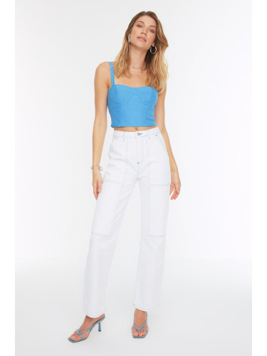 Trendyol бял висока талия 90 е широк крак дънки с шевове детайл