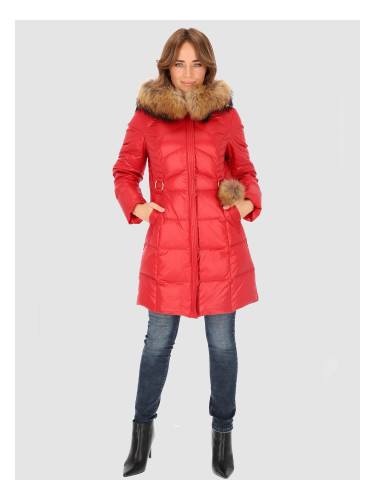 PERSO Woman's Women's fitted real down jacket above the knee with raccoon fur