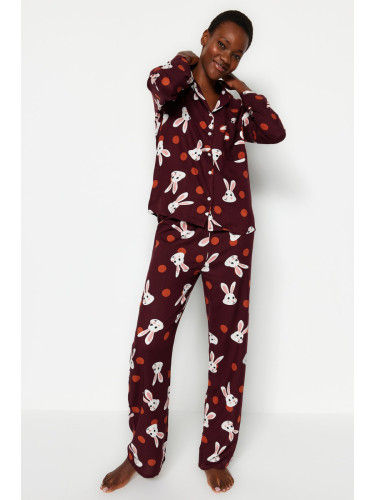 Trendyol Burgundy Rabbit Patterned Shirt-Pants Woven Pajamas Set