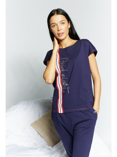 MONNARI Woman's Pyjamas Pajama Top With Rhinestone Inscription Navy Blue