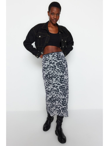 Trendyol Black Waist Detail Printed Flexible Tulle Maxi Knitted Skirt