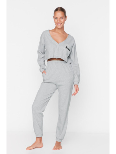 Trendyol Gray Ribbed Cotton Embroidery Knitted Pajamas Set