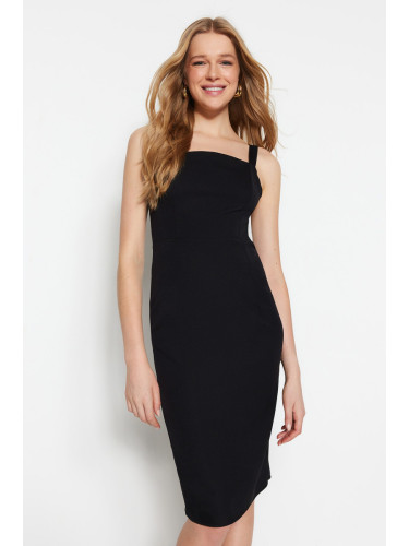 Trendyol черно монтирани Midi тъкани Strappy яка подробни тъкани рокля