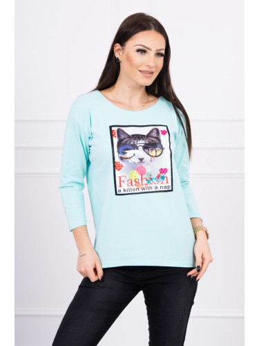 Blouse with cat graphics 3D mint