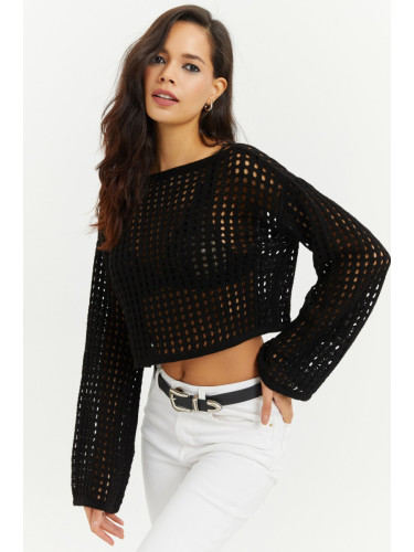 Cool & Sexy Women's Black Spanish Sleeve Openwork Knitwear Short Blouse