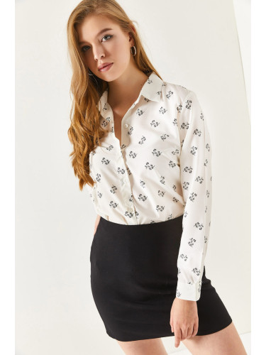 armonika Women's White Floral Pattern Long Sleeve Shirt