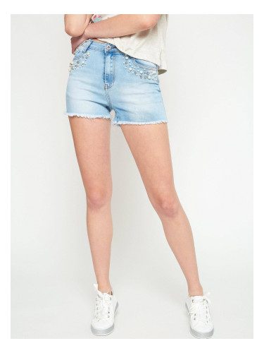Denim shorts with pearls at the pockets blue