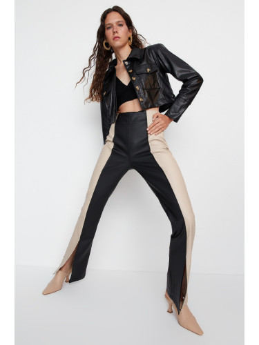 Trendyol черен отблясъци тъкани цвят блок цепка изкуствена кожа панталони