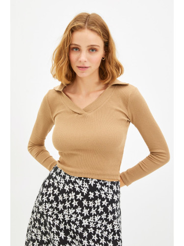 Trendyol Camel Polo Neck Crop Knitted Blouse