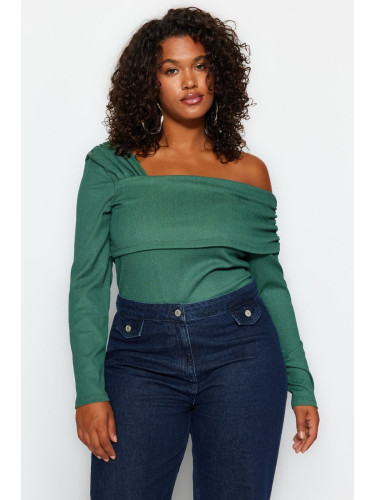 Trendyol Curve Emerald Green Asymmetrical Collar Plain Basic Wrap Knitted Blouse