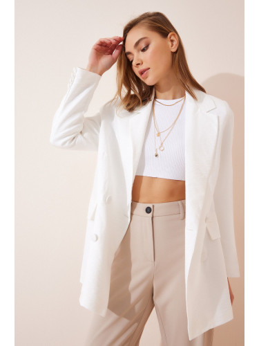 Happiness İstanbul Women's White Textured Linen Oversized Blazer Jacket