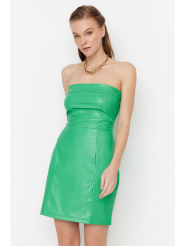 Trendyol зелена без презрамки изкуствена кожа вечерна рокля