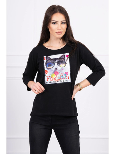 Cat Graphic Blouse 3D Black