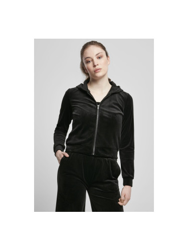 Women's short velvet hoodie with zipper, black