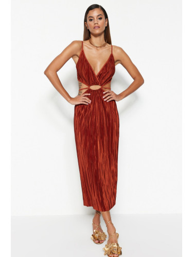 Trendyol канела талията отваряне/скейтър прозорец/нарязани плетени подробно стилен вечерна рокля с тръбопроводи