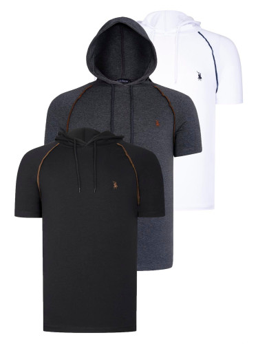 TRIPLE SET T8570 DEWBERRY HOODED MEN'S T-SHIRT-ANTHRACITE-WHITE-BLACK