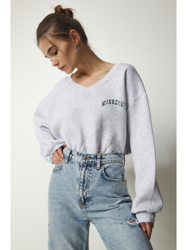 Happiness İstanbul Women's Gray Melange V-Neck Oversize Crop Knitted Sweatshirt